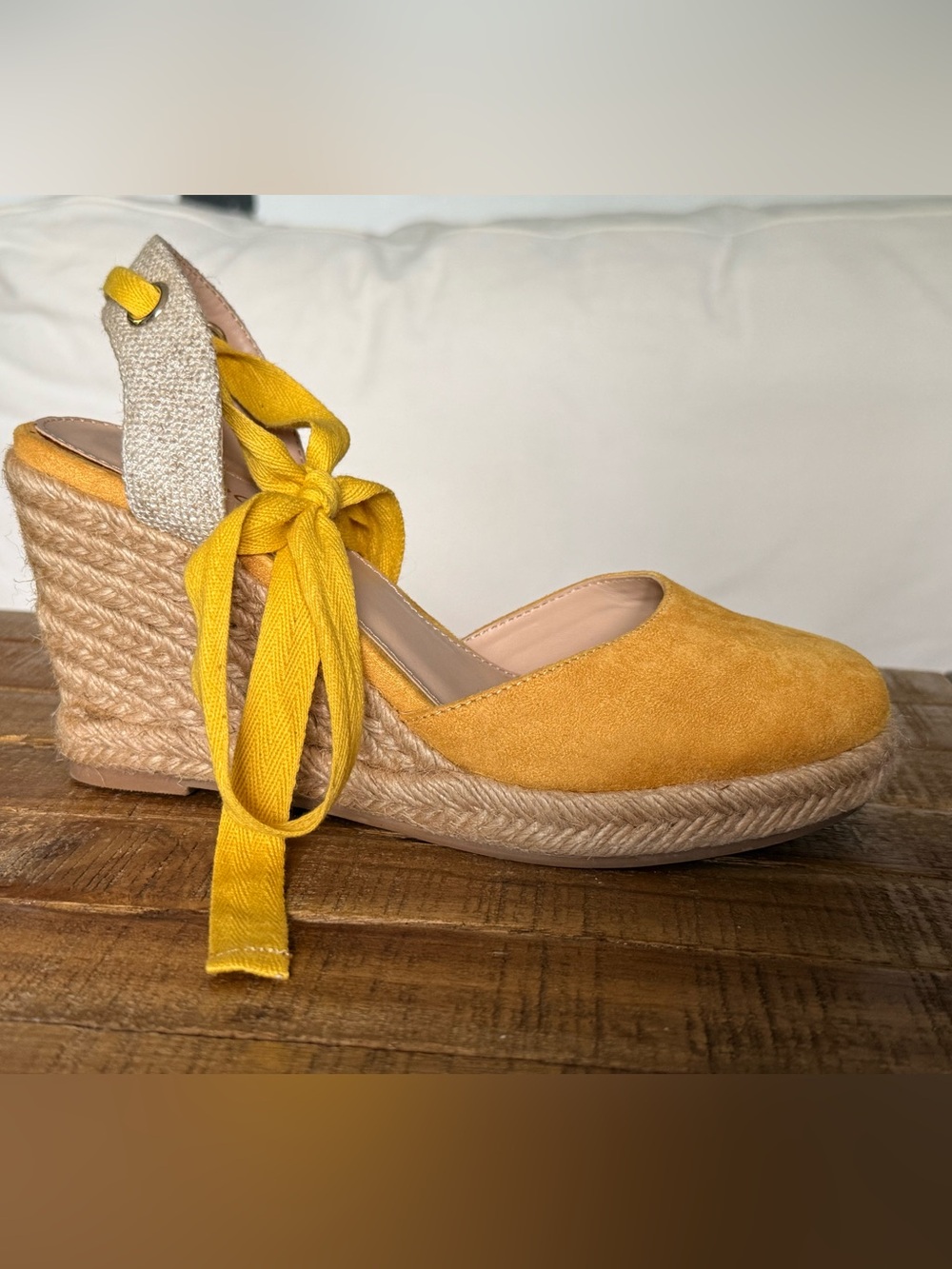 Aldo Mustard Yellow Espadrille Wedge Sandals with Wrap Tie - Picture 4 of 9